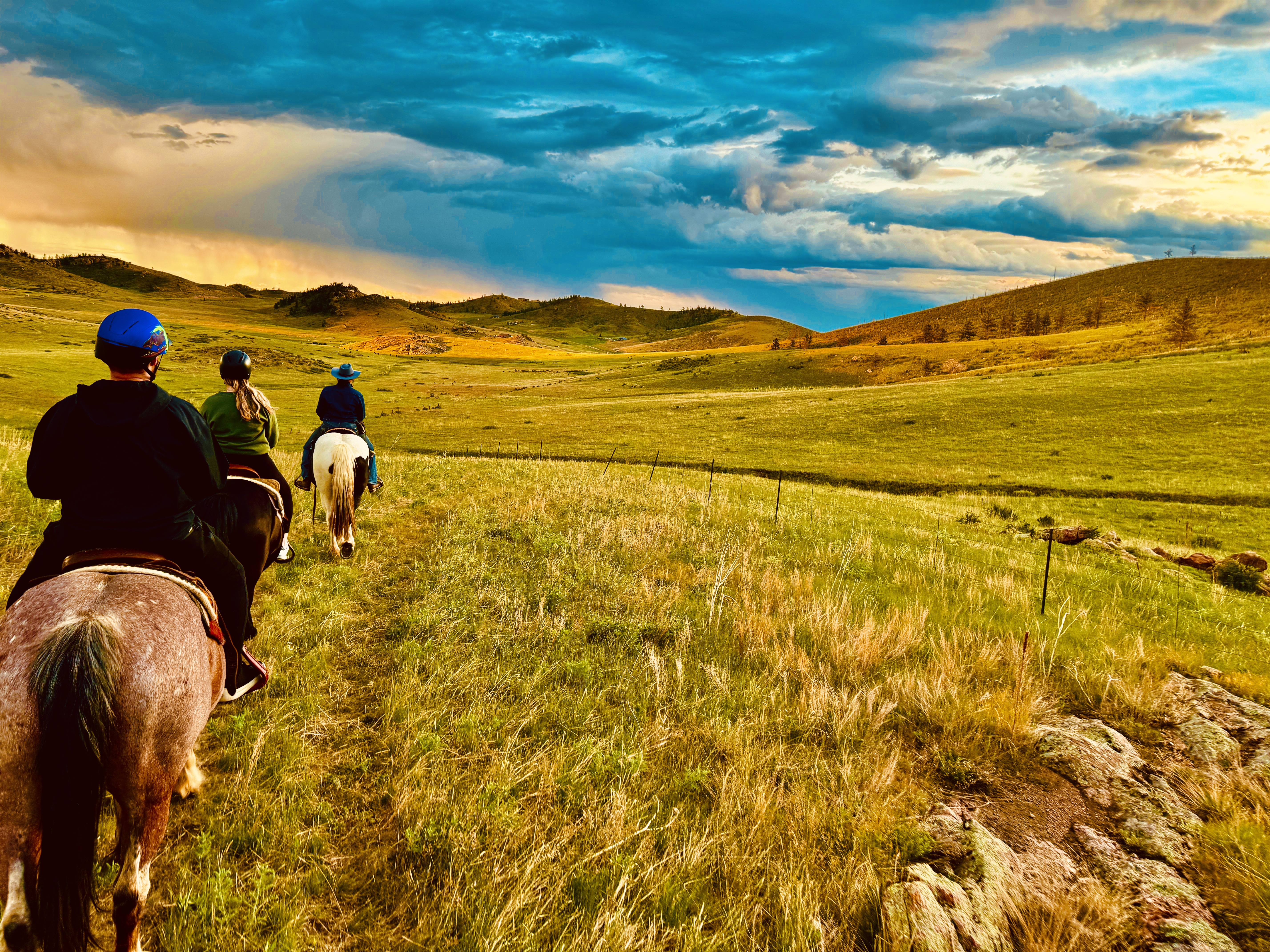 horses and riders walk down a long trail